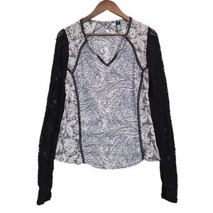 BKE‎ Paisley Lace Sleeve Top Sheer Contrast V-Neck Blouse Womens Small